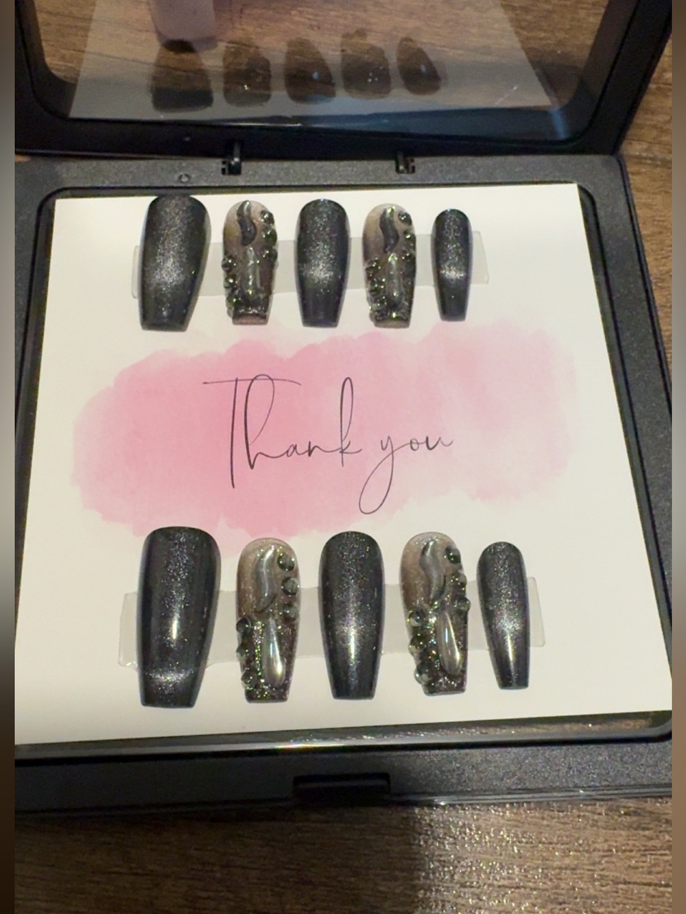 Handcrafted Black Shimmery Press-On Nails with Accent Rhinestones